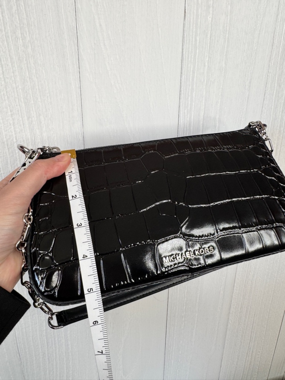 Michael Kors Empire Crocodile-Embossed Leather Chain-Link Pochette in black - Picture 10 of 11